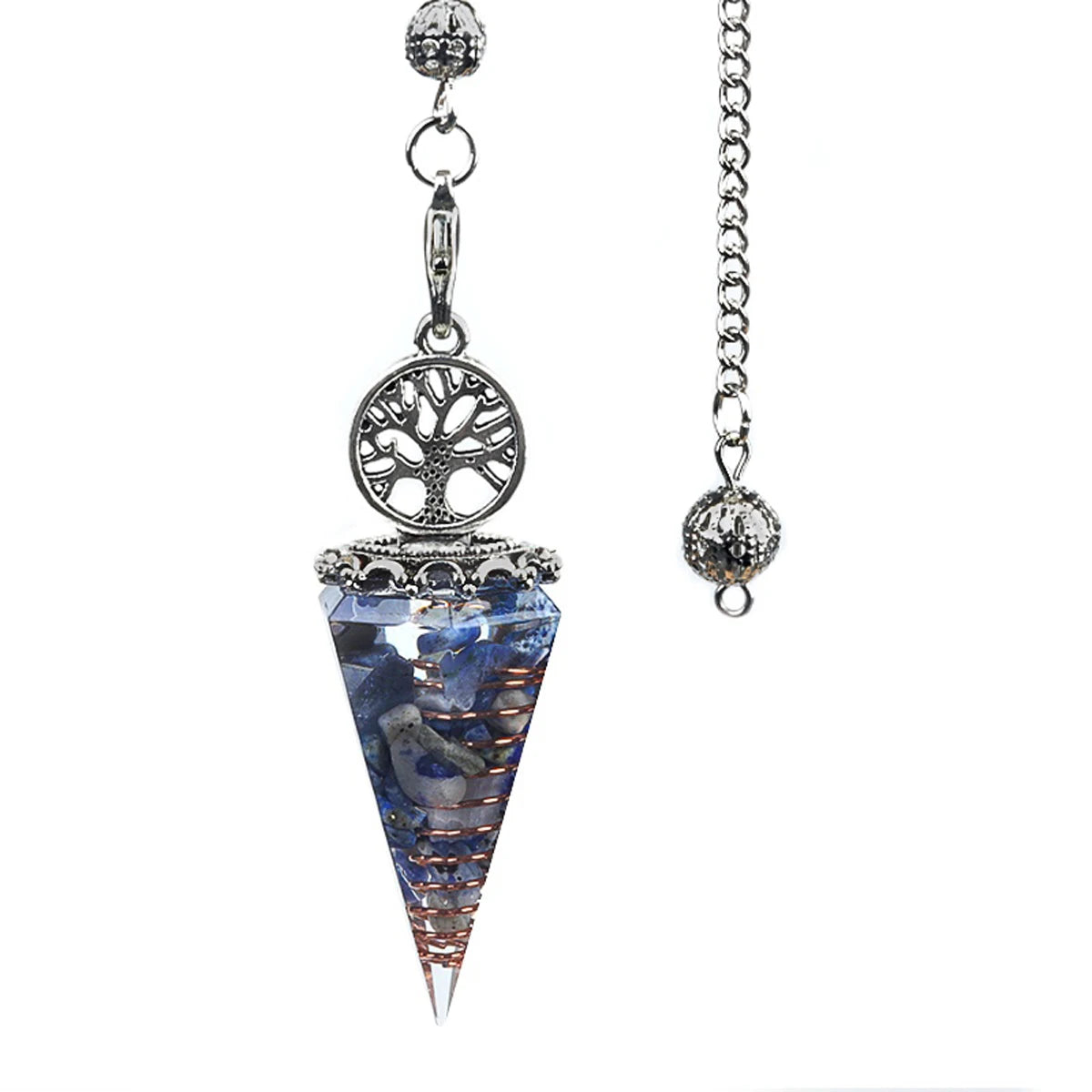 Tree of Life pointed stone pendulum necklace with crystal hexagon pendant for dowsing, meditation, and metaphysical practice.