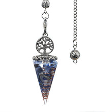 Tree of Life pointed stone pendulum necklace with crystal hexagon pendant for dowsing, meditation, and metaphysical practice.