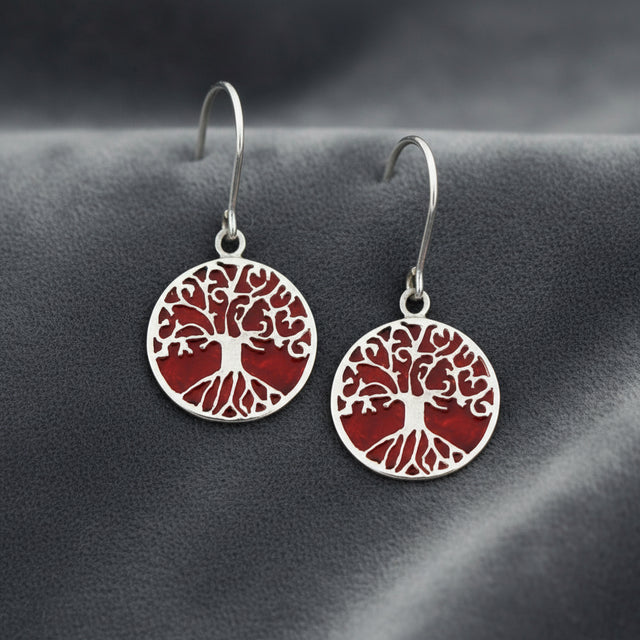 Tree of Life Red Coral Earrings, gemstone jewelry featuring coral and the tree of life symbol