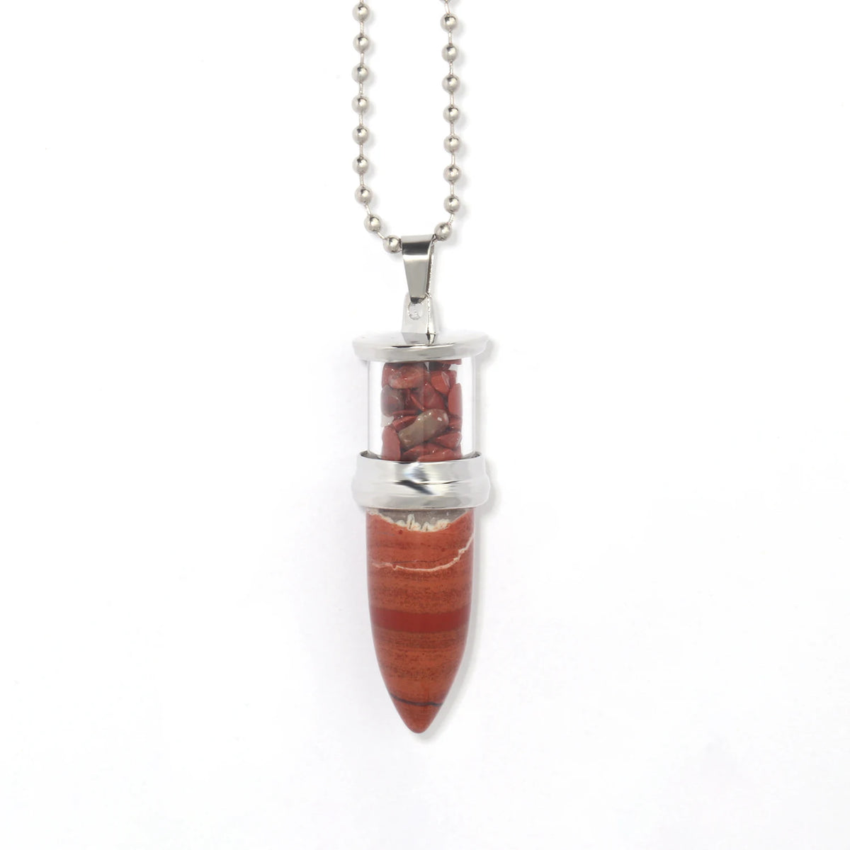 Tree of Life Red Jasper pendant with chain for gemstone accessory wear, spiritual balance, and casual outfits.