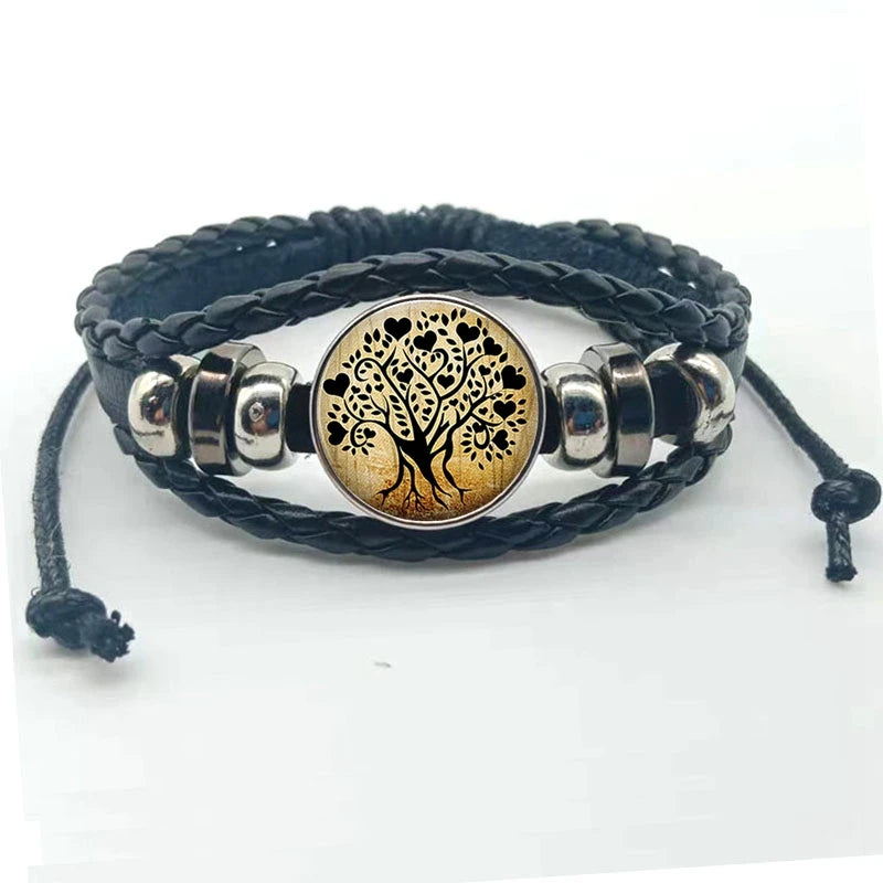 Tree of Life statement leather bracelet with multilayer charm design for bold accessory styling and casual daily use.
