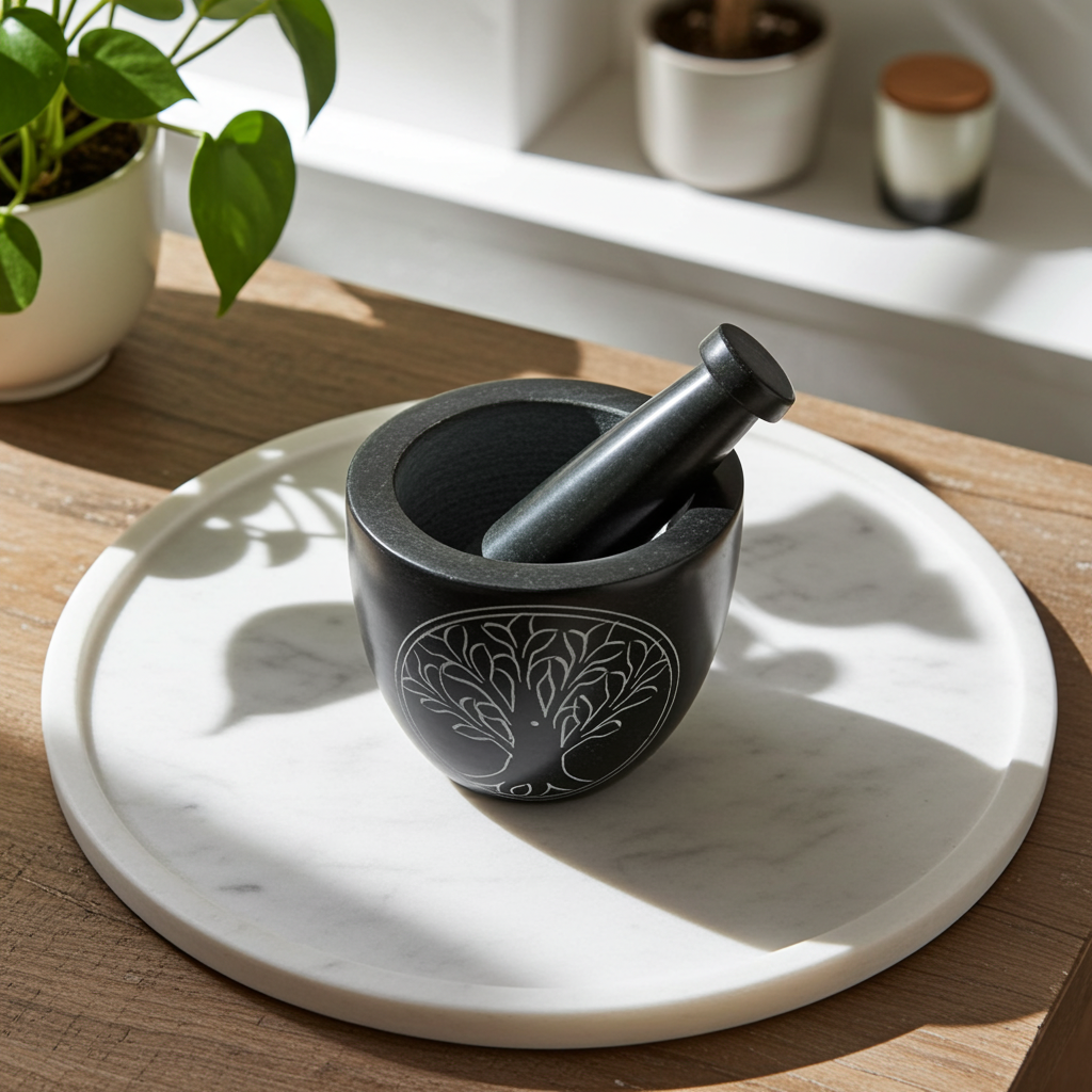 Tree of Life stone mortar and pestle set for crushing spices, herbs, and resin blends for daily use.