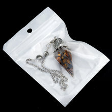 Tree of Life stone point pendulum necklace with hexagon pendant for crystal healing, meditation sessions, and holistic wellness use.
