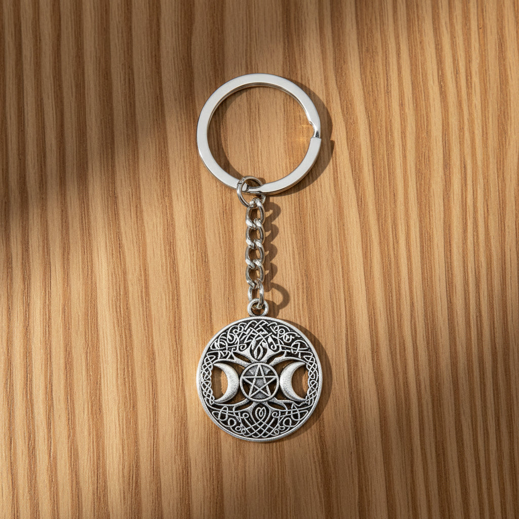 Tree of Life Triple Moon Keychain featuring the triple moon goddess symbol
