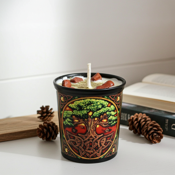 Tree of Life votive scented candle with herbs and crystal stones for meditation, relaxation, and spiritual décor use.