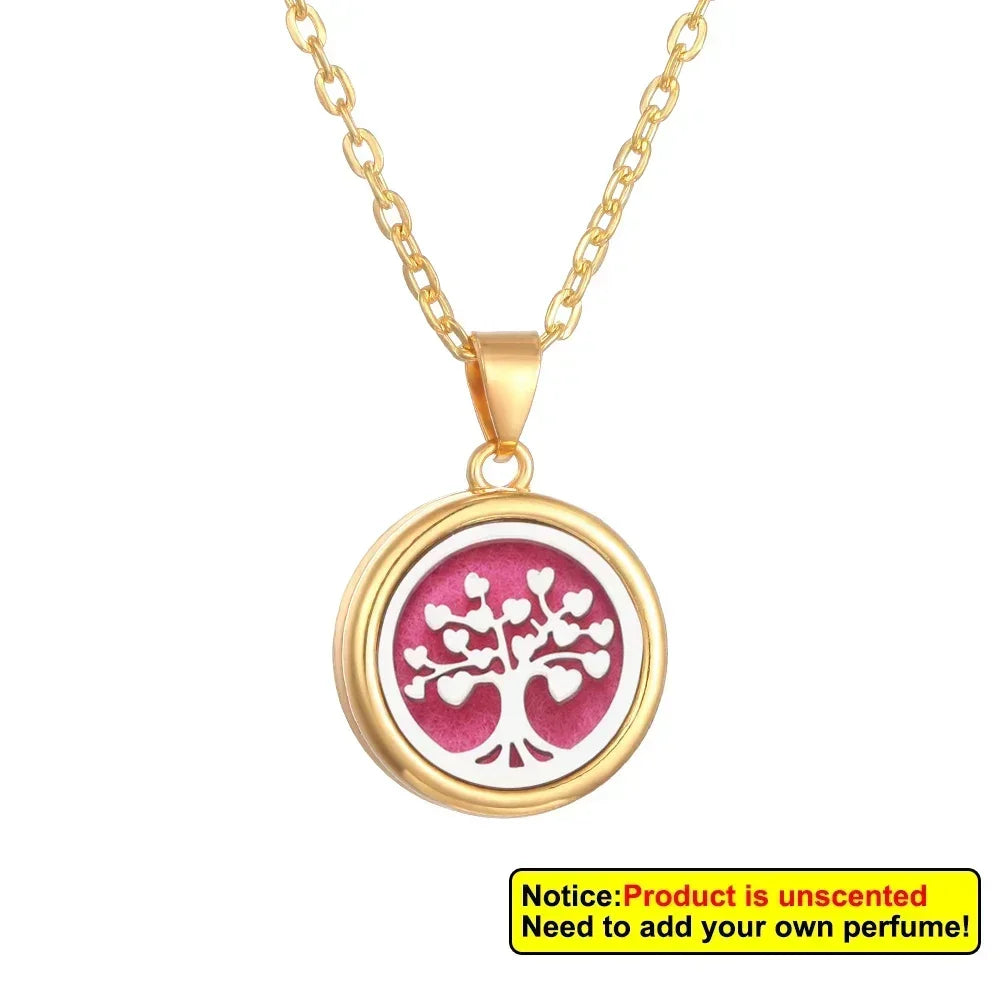 Tree of Life wellness diffuser necklace pendant for aromatherapy use during stress relief and mindful daily wear.
