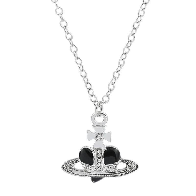 Trendy Silver Heart & Saturn Pendant necklace for chic everyday wear, layered looks, and fashion-forward accessorizing.