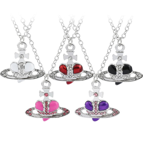 Trendy Silver Heart & Saturn Pendant necklace for everyday styling, layered fashion looks, and casual wear.