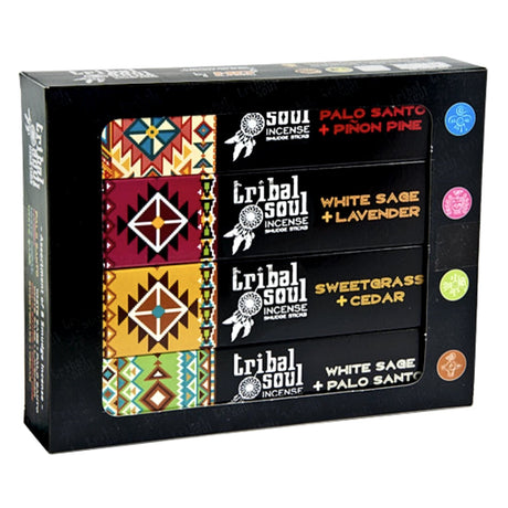 Tribal Soul 8-in-1 Incense Gift Set, box front showing sage, palo santo, myrrh and cedar smudge sticks