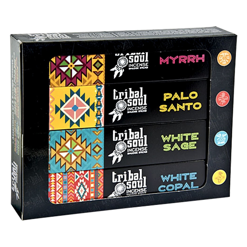 Tribal Soul 8-in-1 Incense Gift Set, box showing myrrh, palo santo, white sage and white copal smudge sticks