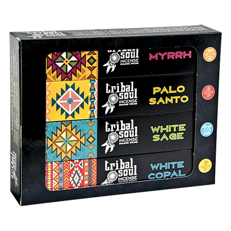 Tribal Soul 8-in-1 Incense Gift Set, box showing myrrh, palo santo, white sage and white copal smudge sticks
