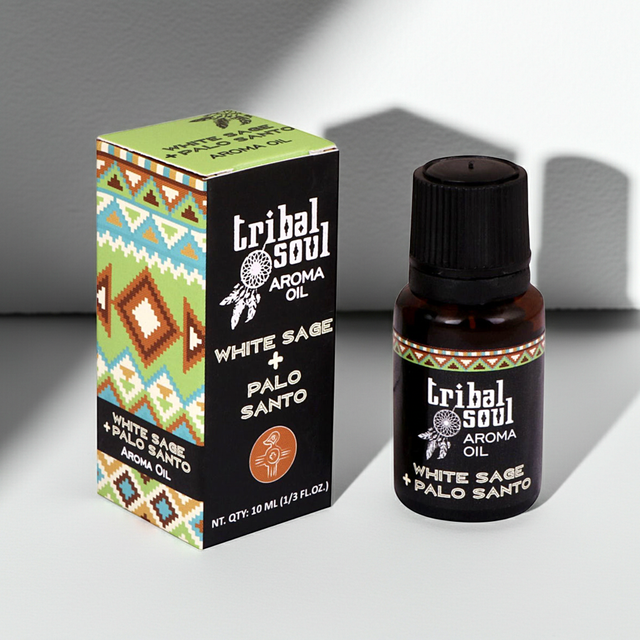 Bottle of Tribal Soul Aroma Oil White Sage and Palo Santo displayed for home fragrance, aromatherapy, and relaxation.