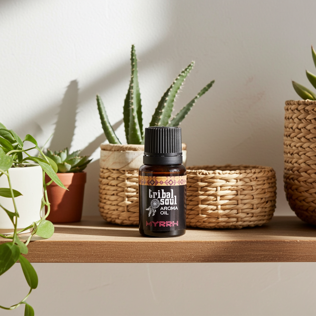 Tribal Soul Myrrh aroma oil shown in a bottle for calming scent and aromatic use.