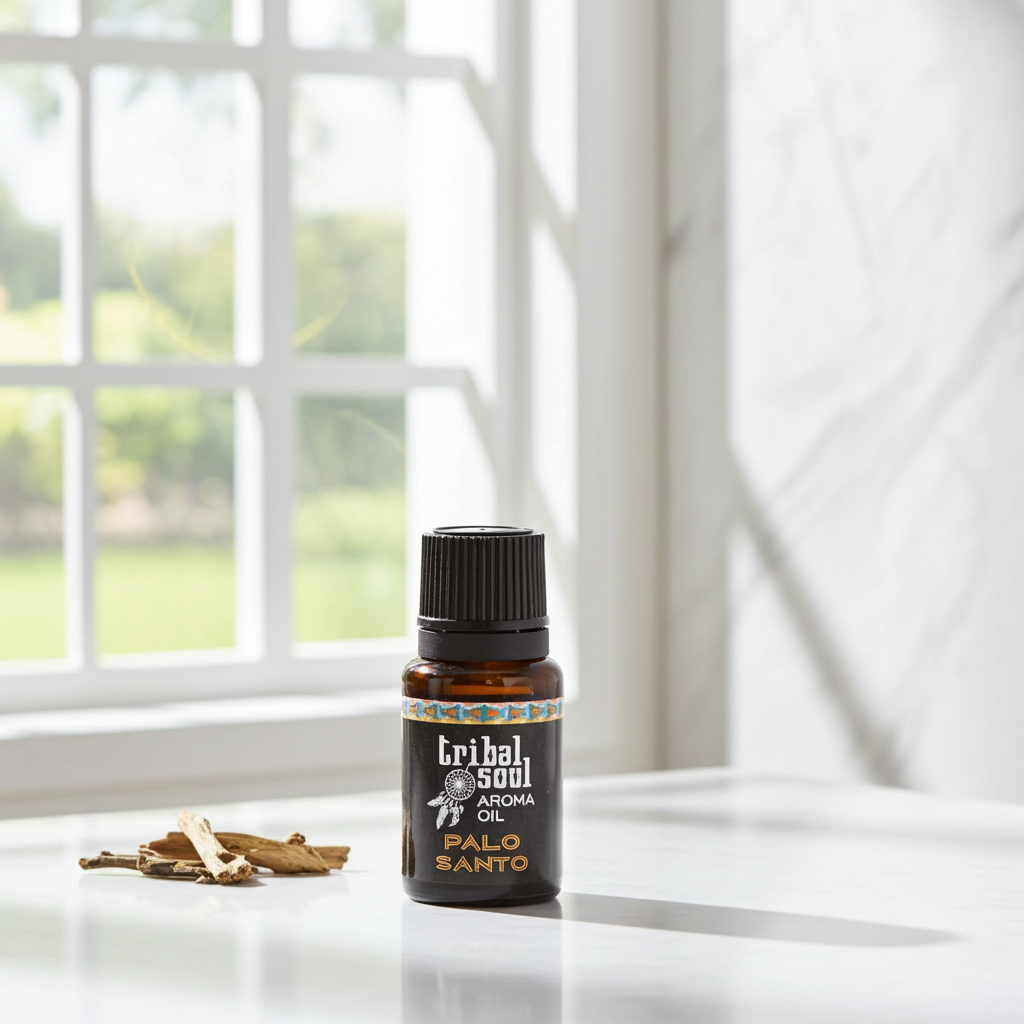 Tribal Soul Palo Santo aroma oil shown in a bottle for calming scent and aromatic use.