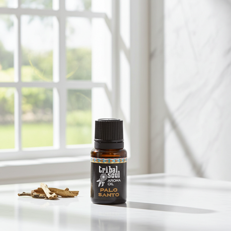 Tribal Soul Palo Santo aroma oil shown in a bottle for calming scent and aromatic use.
