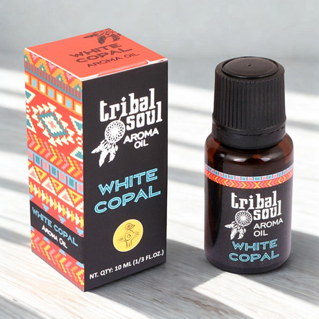 Tribal Soul White Copal aroma oil shown in a bottle for calming scent and aromatic use.