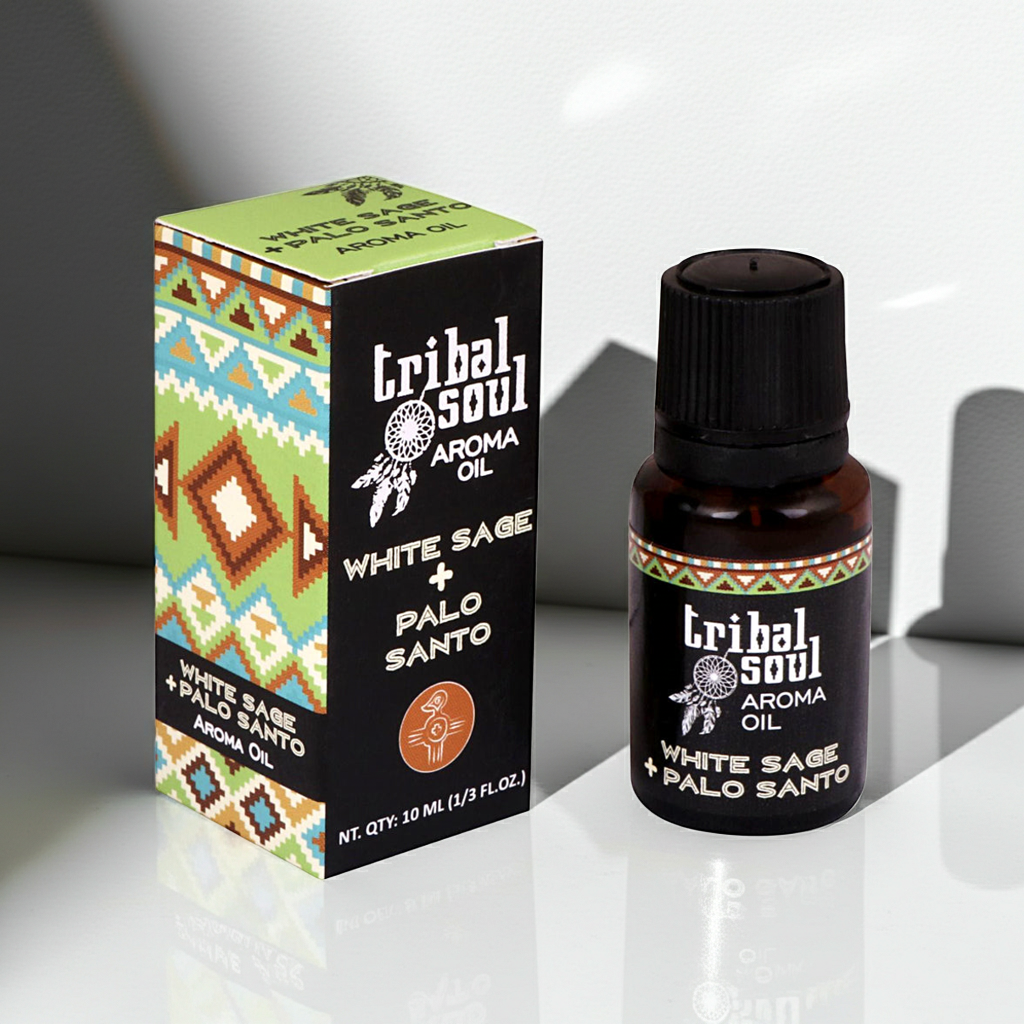 Tribal Soul White Sage and Palo Santo aroma oil shown in a bottle for calming scent and aromatic use.