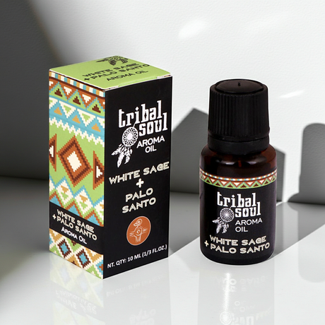Tribal Soul White Sage and Palo Santo aroma oil shown in a bottle for calming scent and aromatic use.
