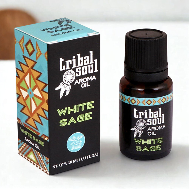 Bottle of Tribal Soul Aroma Oil White Sage displayed for home fragrance, aromatherapy, and relaxation.
