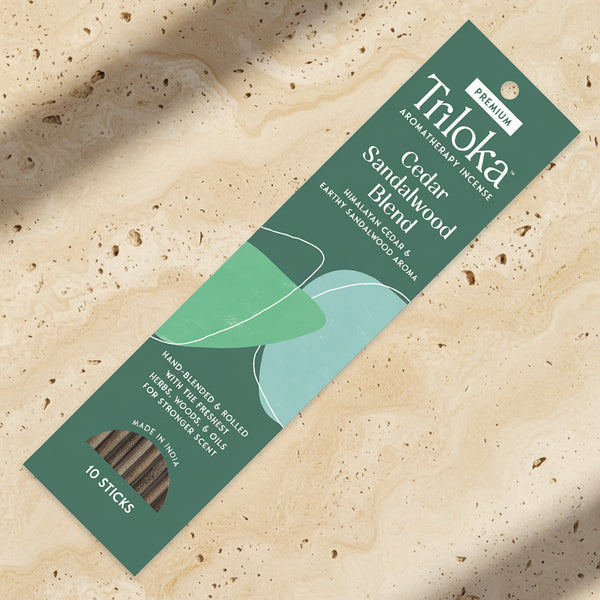 Triloka Cedar Sandalwood Blend Incense Sticks for meditation, focus, and tranquil ambiance.