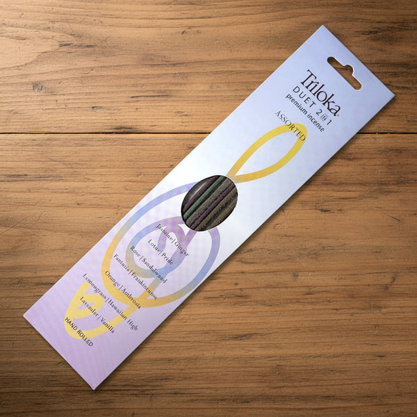 Triloka Duet Assorted Incense Sticks for meditation, relaxation, and mindful ambiance.