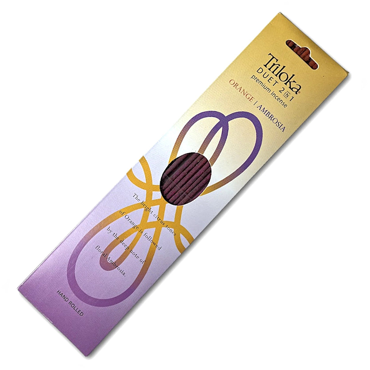 Triloka Duet Orange-Ambrosia Incense Sticks for meditation, yoga, and relaxation.
