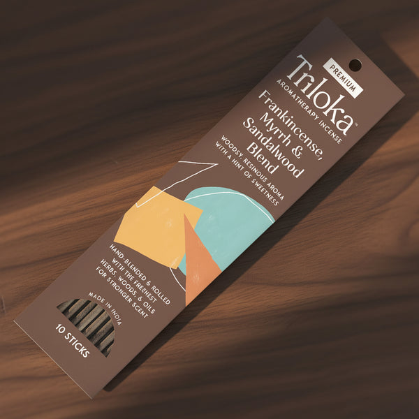 Triloka Frankincense-Myrrh-Sandalwood Incense Sticks for meditation, relaxation, and spiritual practice.