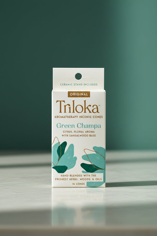 Triloka Green Champa Incense Cones for meditation, relaxation, and daily aromatherapy use.