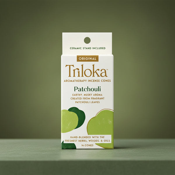 Triloka Patchouli Incense Cones for meditation, relaxation, and daily aromatherapy use.