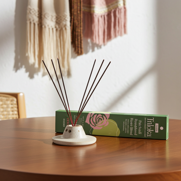 Triloka Patchouli Rose Blend premium incense sticks for aromatherapy, meditation, and home fragrance use.