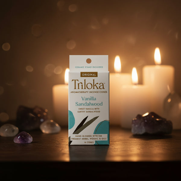 Triloka Vanilla Sandalwood Incense Cones for meditation, relaxation, and daily aromatherapy use.