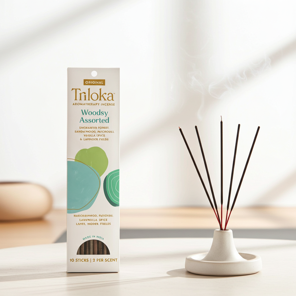 Triloka Woodsy incense sticks assorted pack for aromatherapy, spiritual practice, and room freshening.