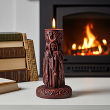 Triple Goddess altar candle holder for supporting candle use in pagan rituals, altar setups, and ceremonial worship.