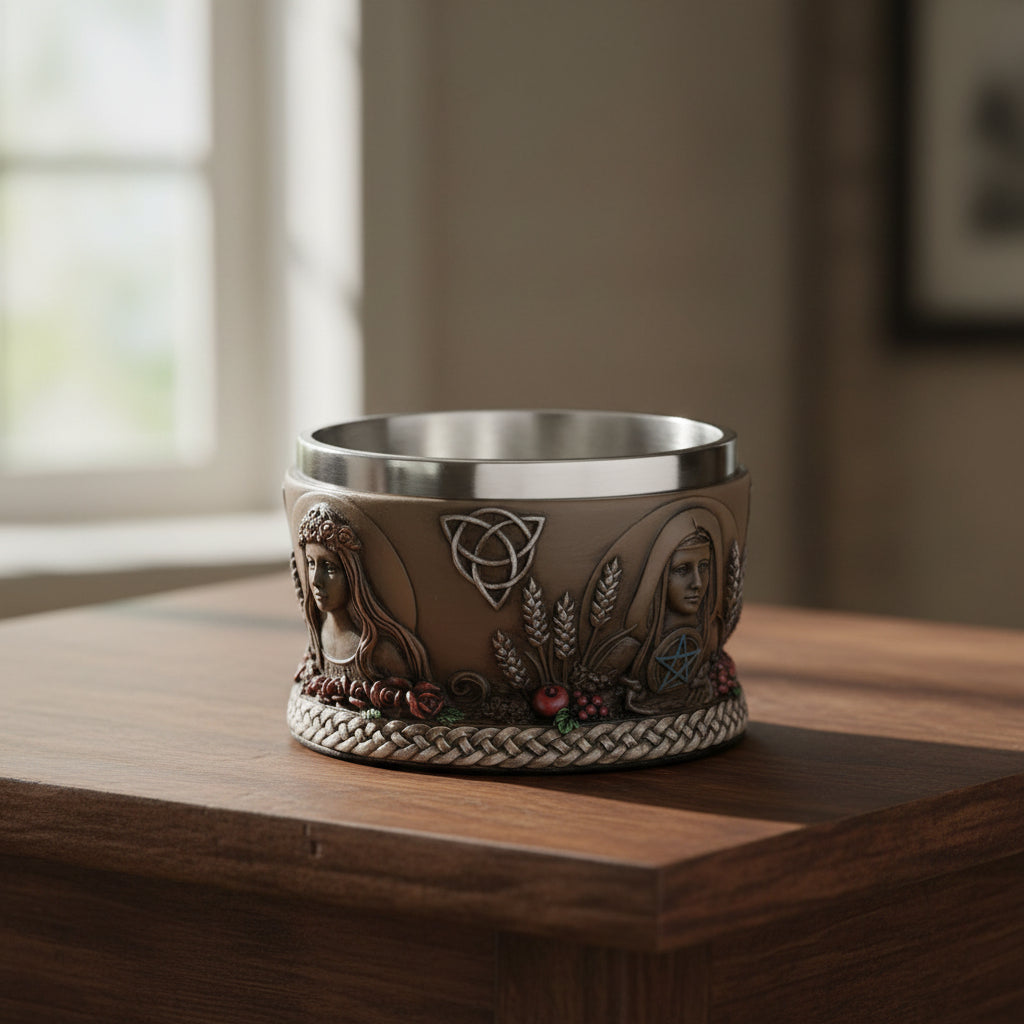 Triple Goddess altar smudge bowl for holding burning sage, palo santo, and ritual herbs.
