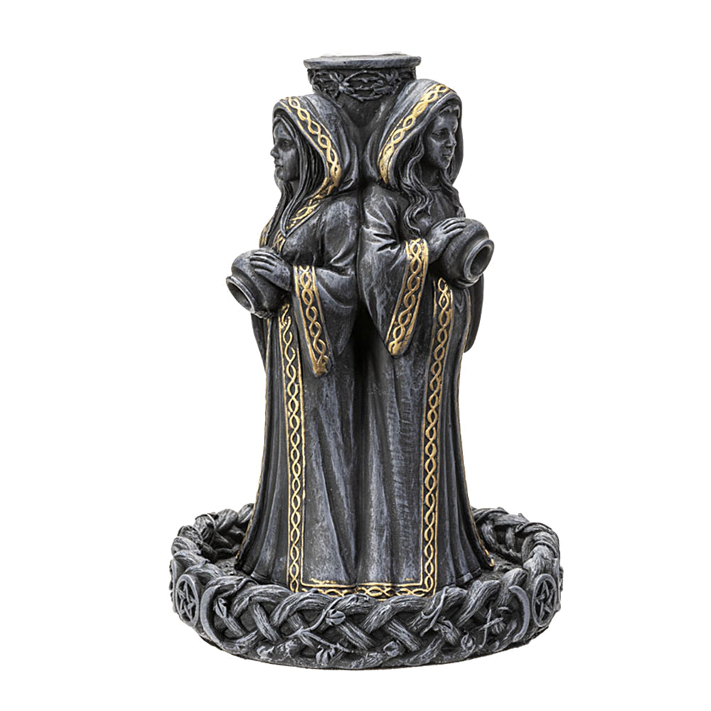 Triple Goddess backflow incense burner figurine for creating cascading smoke during prayer, relaxation, and sacred space cleansing.