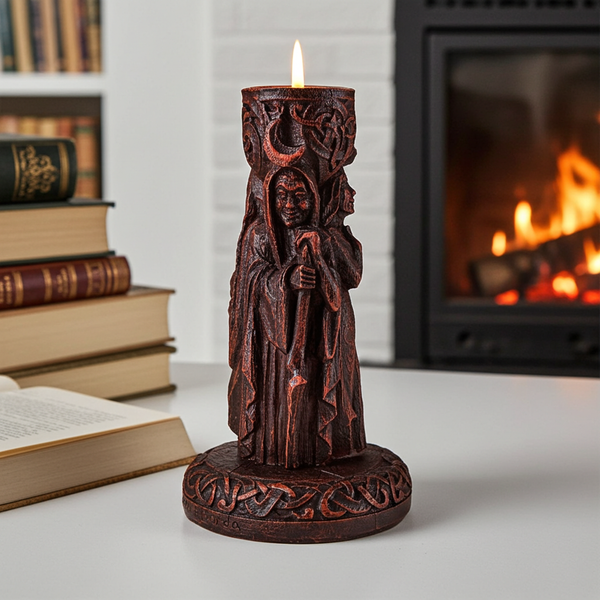 Triple Goddess candle holder altar decor for holding ritual candles during meditation, prayer, and spiritual practice.