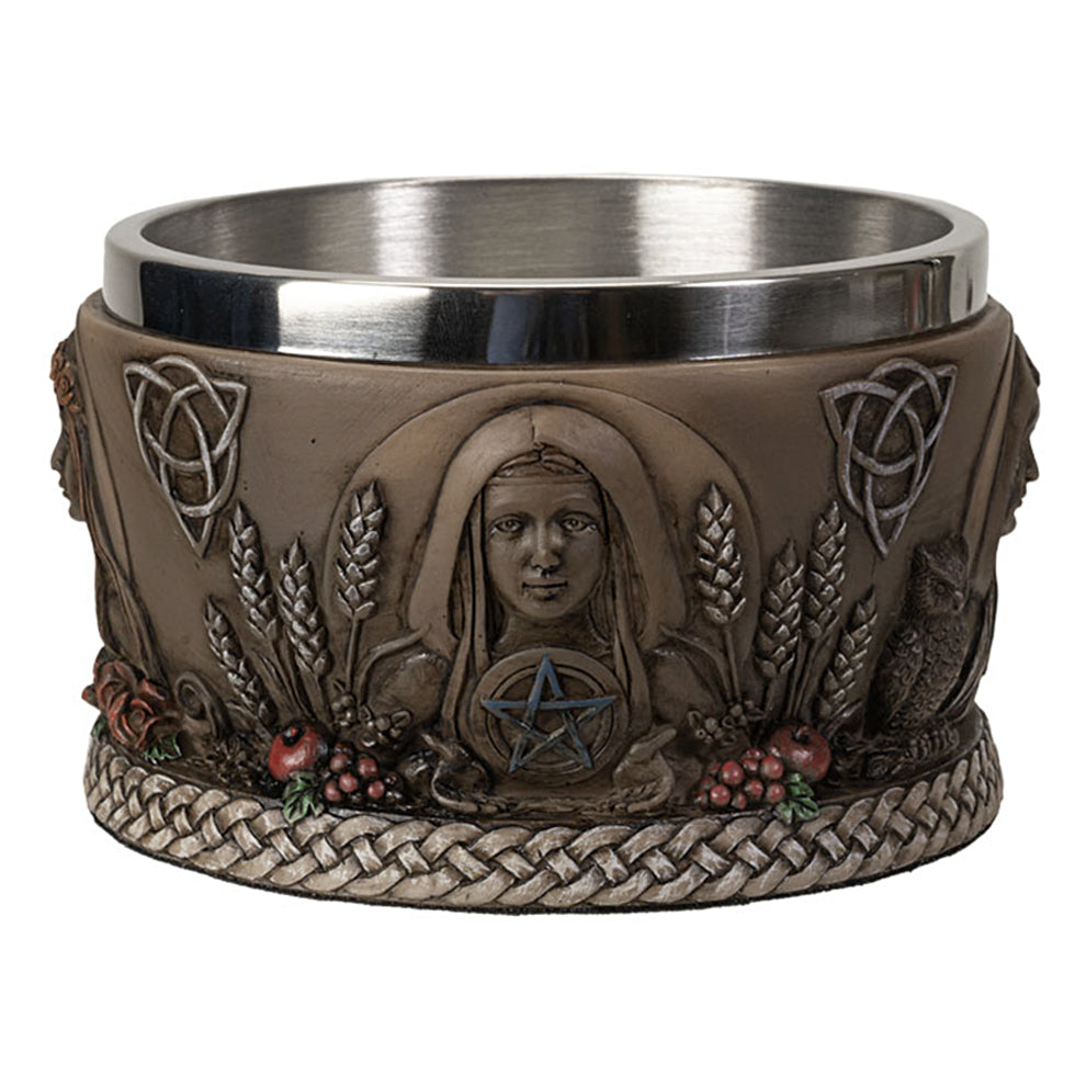 Triple Goddess ceramic smudge bowl for holding herbs, resin, and incense during altar and ritual use.