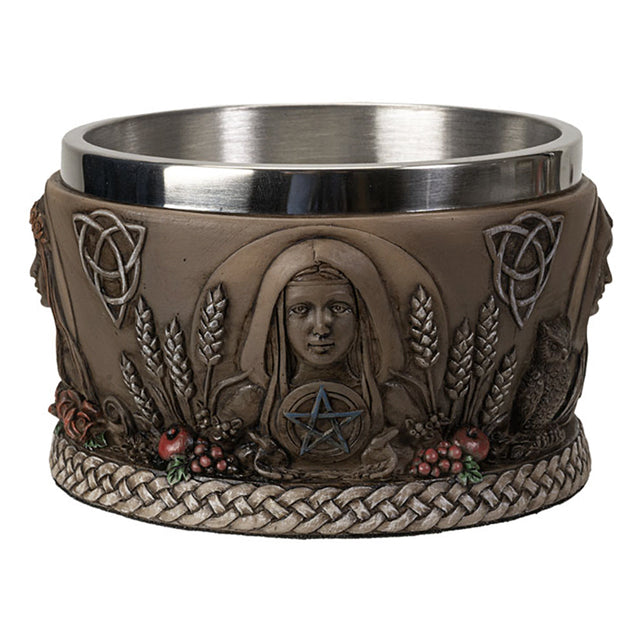 Triple Goddess ceramic smudge bowl for holding herbs, resin, and incense during altar and ritual use.