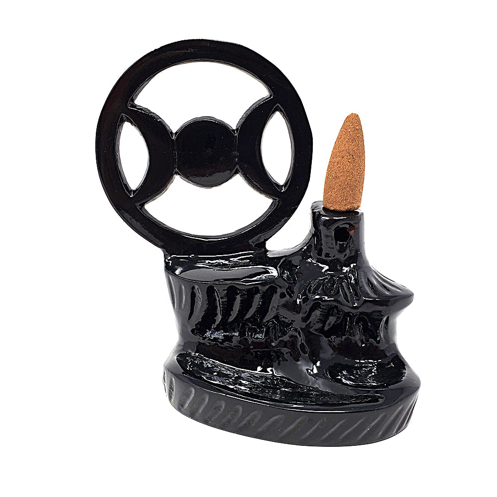 Triple Moon backflow cone burner incense holder for cascading smoke display