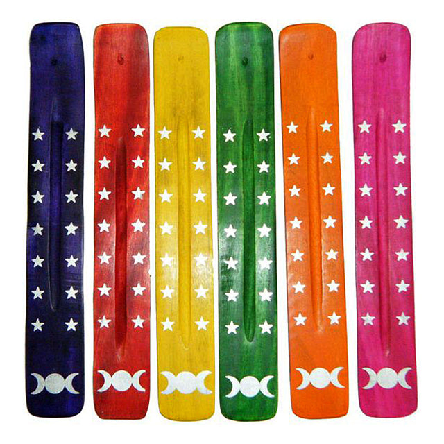 Triple Moon colorful painted wood ash catcher for incense stick burning
