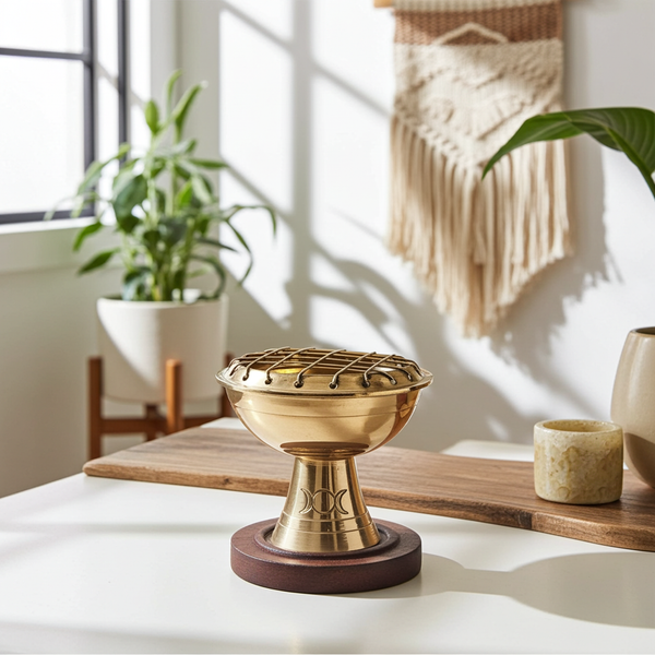 Triple Moon Etched Charcoal Burner metal incense burner for burning charcoal discs with resin incense, herbs, and ritual use.