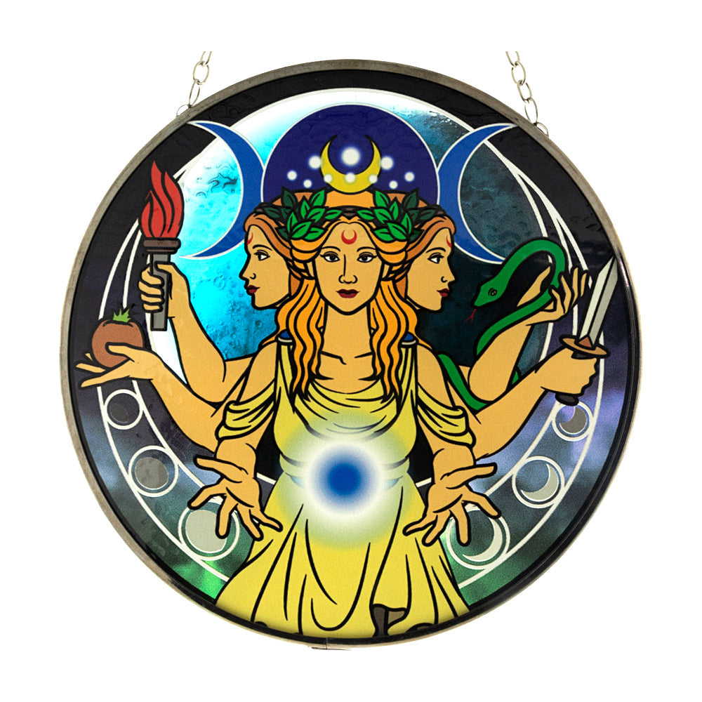 Triple Moon Goddess glass suncatcher for window display and garden decor
