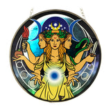 Triple Moon Goddess glass suncatcher for window display and garden decor
