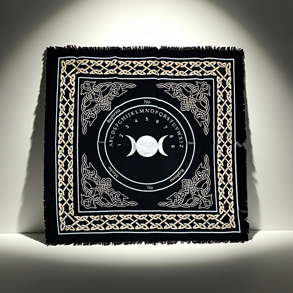 Triple Moon Ouija Board altar cloth for tarot readings, divination, and spiritual altar use.