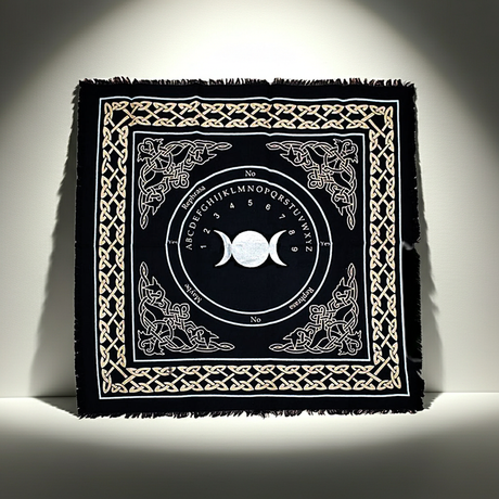 Triple Moon Ouija Board altar cloth for tarot readings, divination, and spiritual altar use.