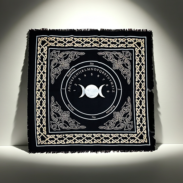 Triple Moon Ouija Board altar cloth for tarot readings, divination, and spiritual altar use.