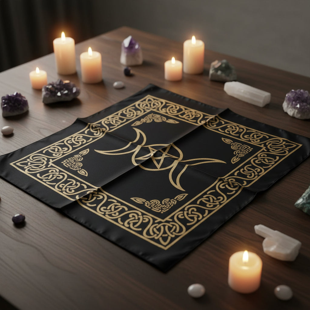 Triple Moon Pentacle altar cloth 21 inch fabric cover for altar use, ceremonial display, and pagan ritual work.