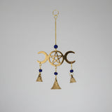 Triple Moon Pentacle hanging bells wind chime for altar and porch decor