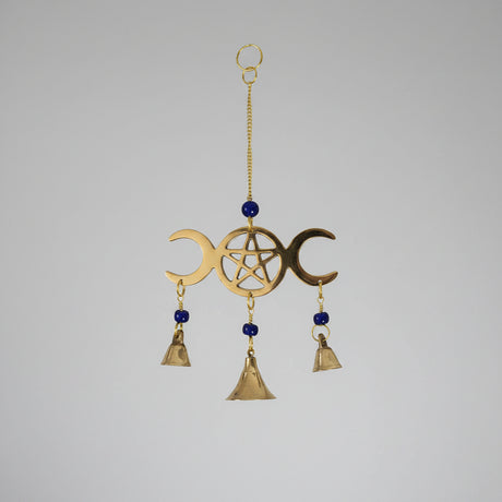 Triple Moon Pentacle hanging bells wind chime for altar and porch decor