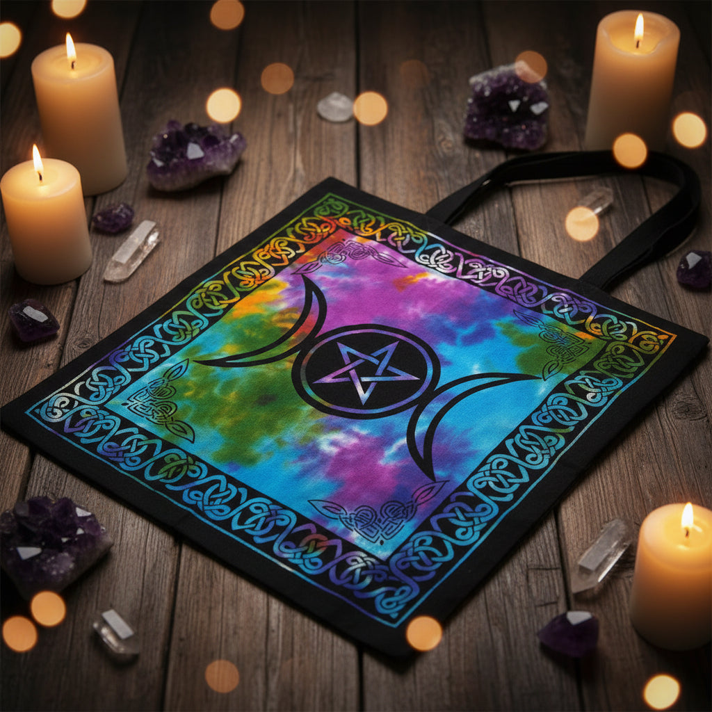 Triple Moon Pentacle Tote Bag, 18x18 inch tie dye and black canvas tote, back view